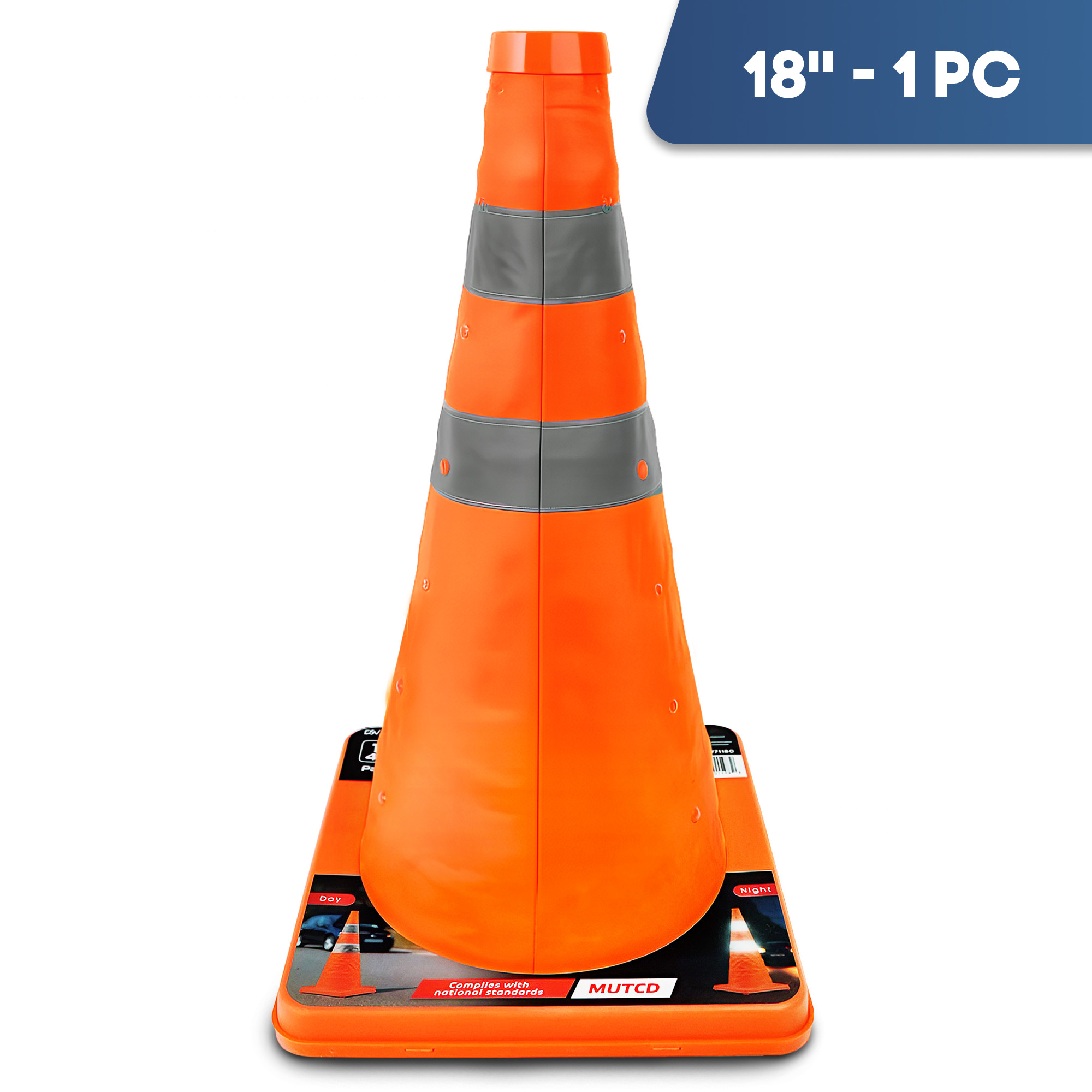 Collapsible Traffic Cone 18’’ with Reflective Collars - 1 PK, Orange, Nylon Body, Model #97118C